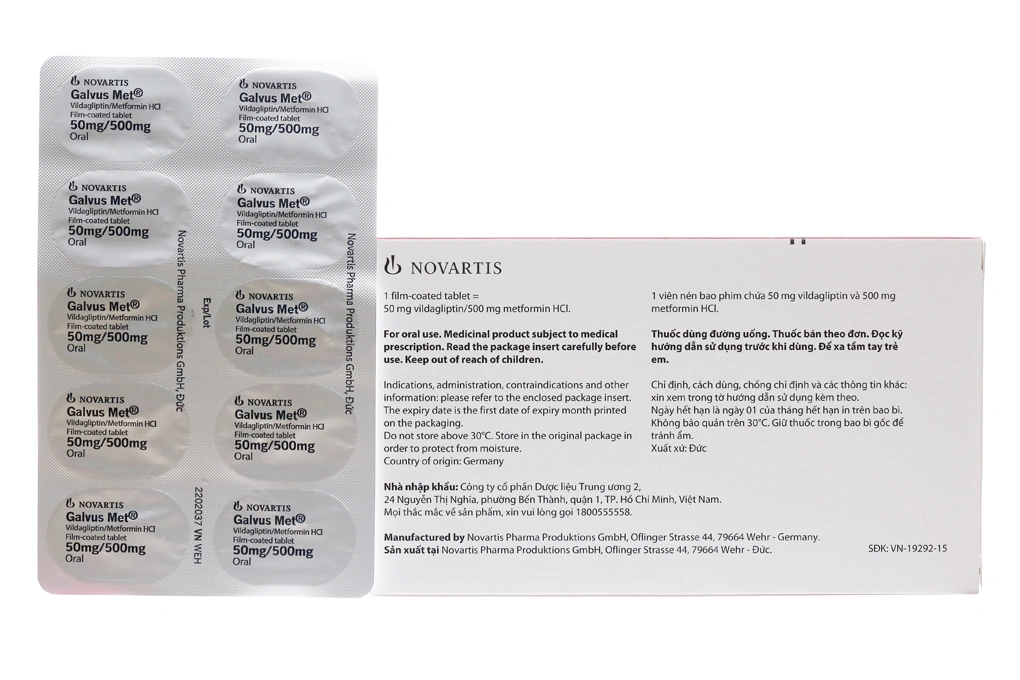Galvus Met 50mg/500mg trị đái tháo đường tuýp 2 (6 vỉ x 10 viên) - 1