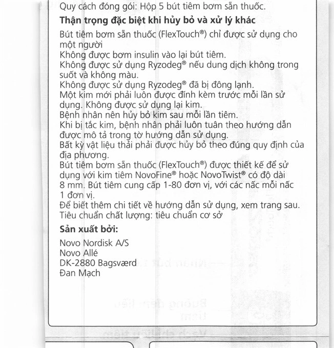 Bút tiêm Ryzodeg FlexTouch 100U/ml trị đái tháo đường (5 cây x 3ml) - 12