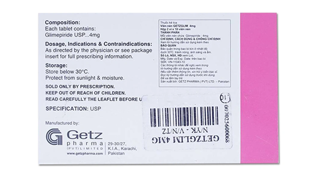 Getzglim 4mg trị đái tháo đường (2 vỉ x 10 viên) - 1