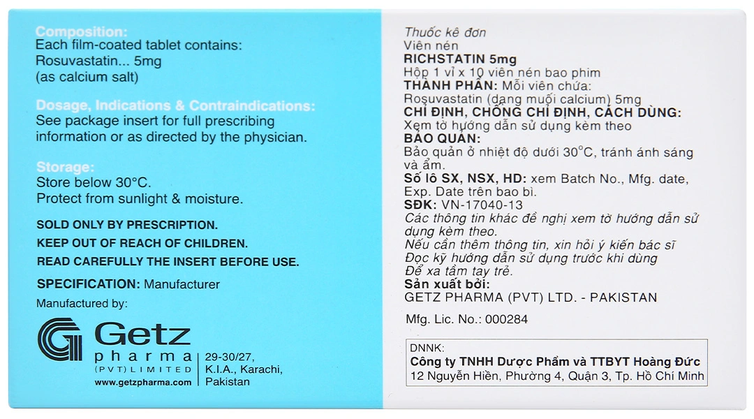 Richstatin 5mg dùng làm giảm nồng độ cholesterol toàn phần (1 vỉ x 10 viên) - 2