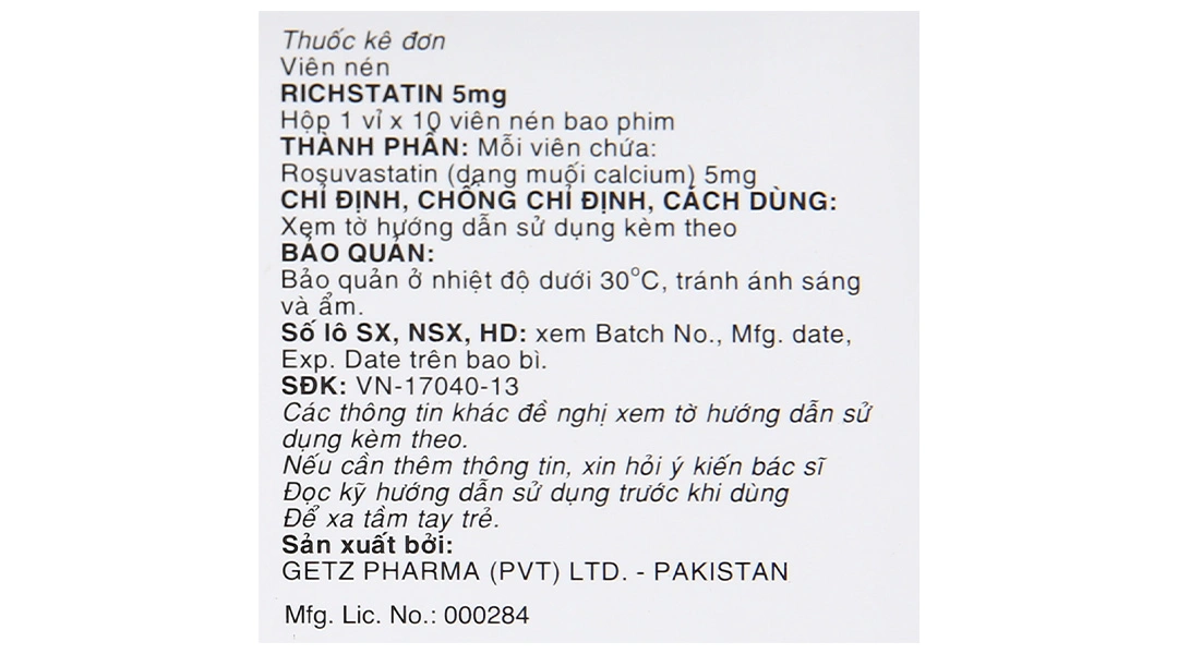 Richstatin 5mg dùng làm giảm nồng độ cholesterol toàn phần (1 vỉ x 10 viên) - 3