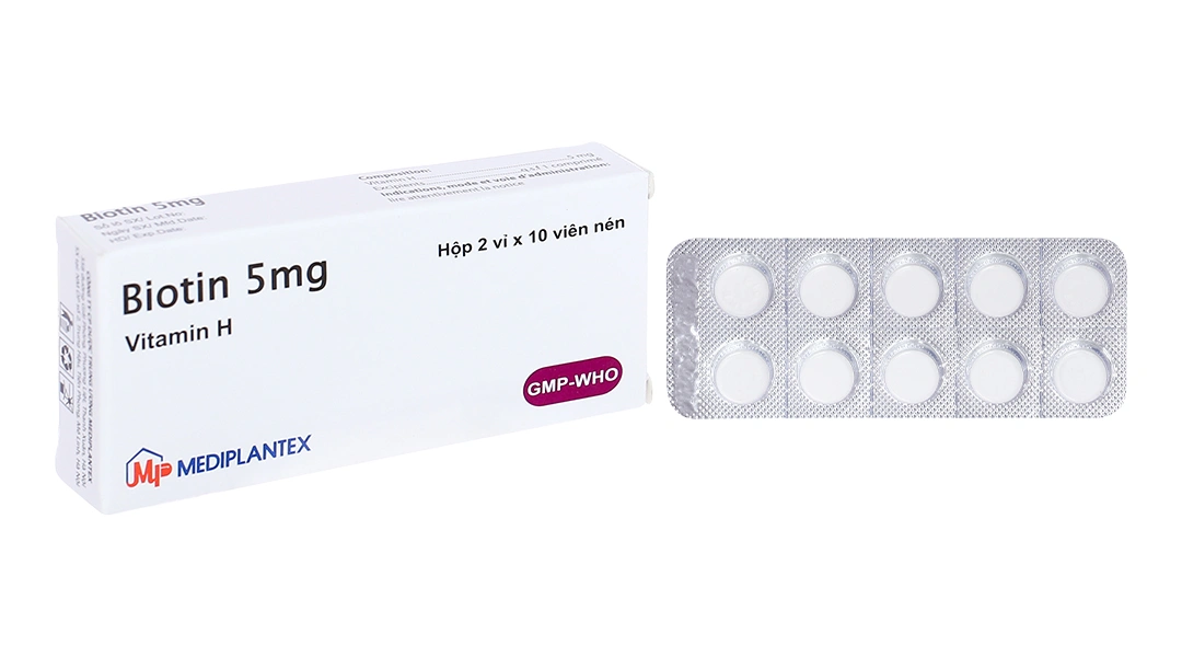 Biotin 5mg Mediplantex hỗ trợ trị viêm da, rụng tóc (2 vỉ x 10 viên) - 