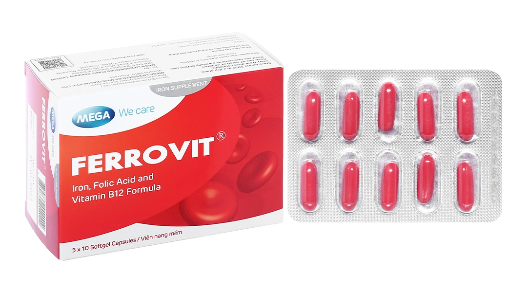 Ferrovit bổ sung sắt và axit folic, trị thiếu máu (5 vỉ x 10 viên) - 