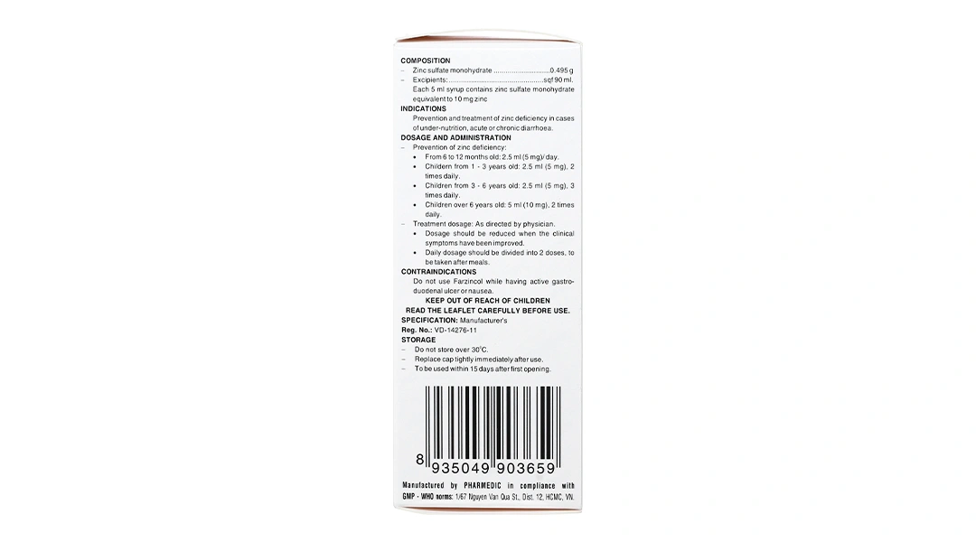Siro Farzincol phòng và trị thiếu kẽm trong suy dinh dưỡng, tiêu chảy chai 90ml - 4