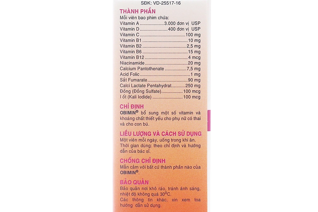Obimin Multivitamins bổ sung vitamin, khoáng chất cho phụ nữ mang thai (10 vỉ x 10 viên) - 2