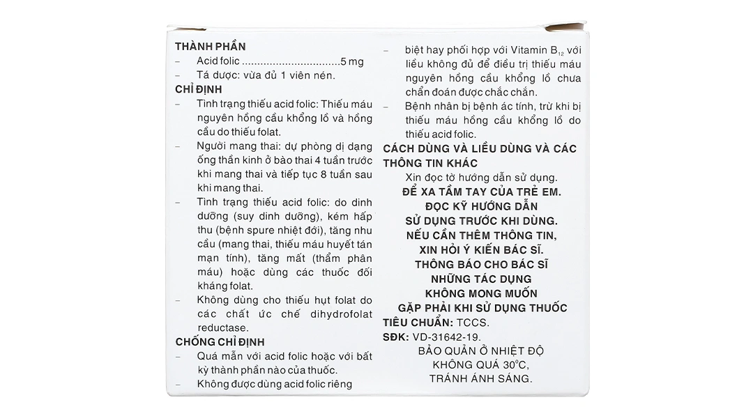 Folacid 5mg phòng và trị thiếu axit folic hộp 4 vỉ x 20 viên - 1