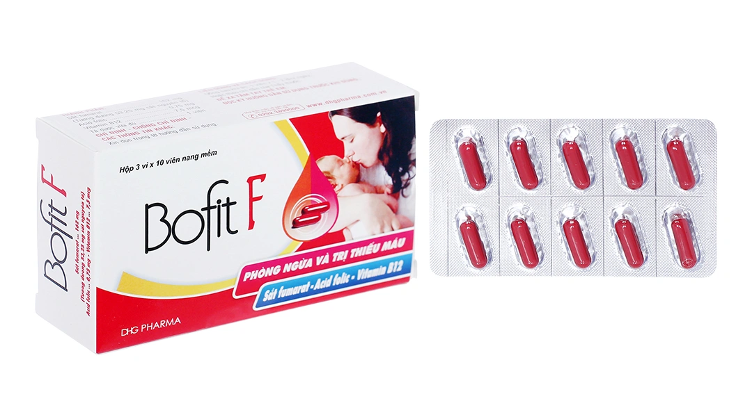 Bofit F trị thiếu máu do thiếu sắt, acid folic (3 vỉ x 10 viên) - 