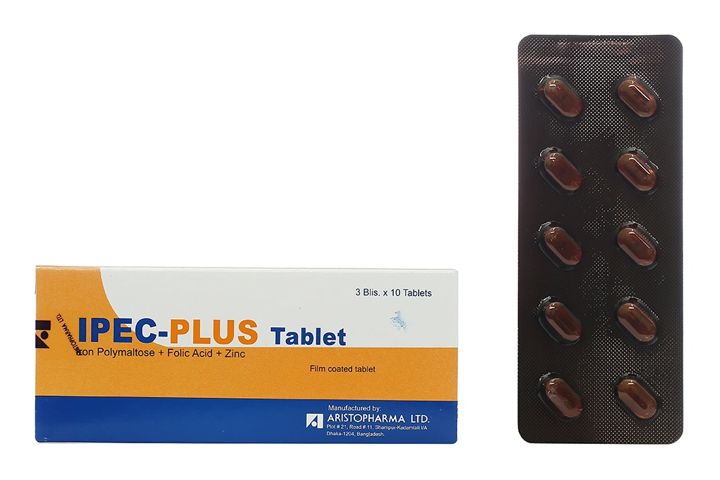 Ipec-plus Tablet phòng ngừa và trị thiếu sắt, axit folic và kẽm (3 vỉ x 10 viên) - 