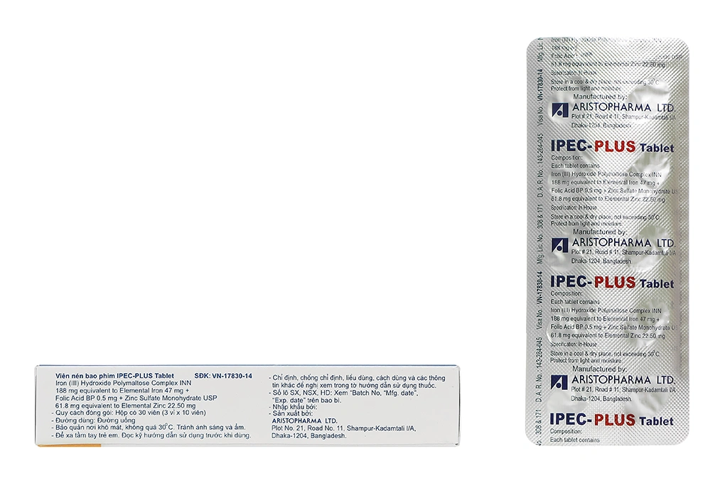Ipec-plus Tablet phòng ngừa và trị thiếu sắt, axit folic và kẽm (3 vỉ x 10 viên) - 1
