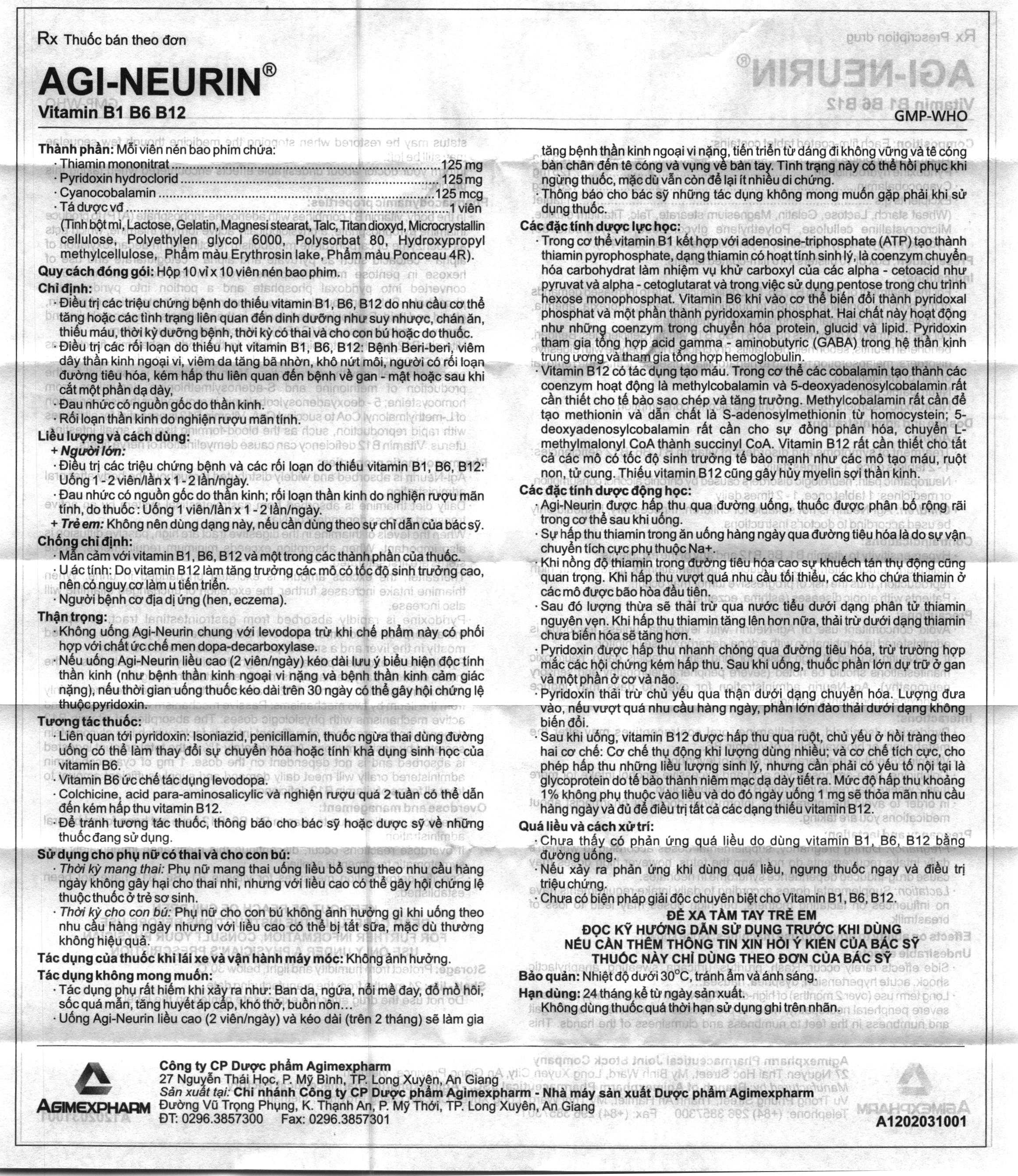 Agi-Neurin điều trị và dự phòng thiếu vitamin B1, B6, B12 (10 vỉ x 10 viên) - 6