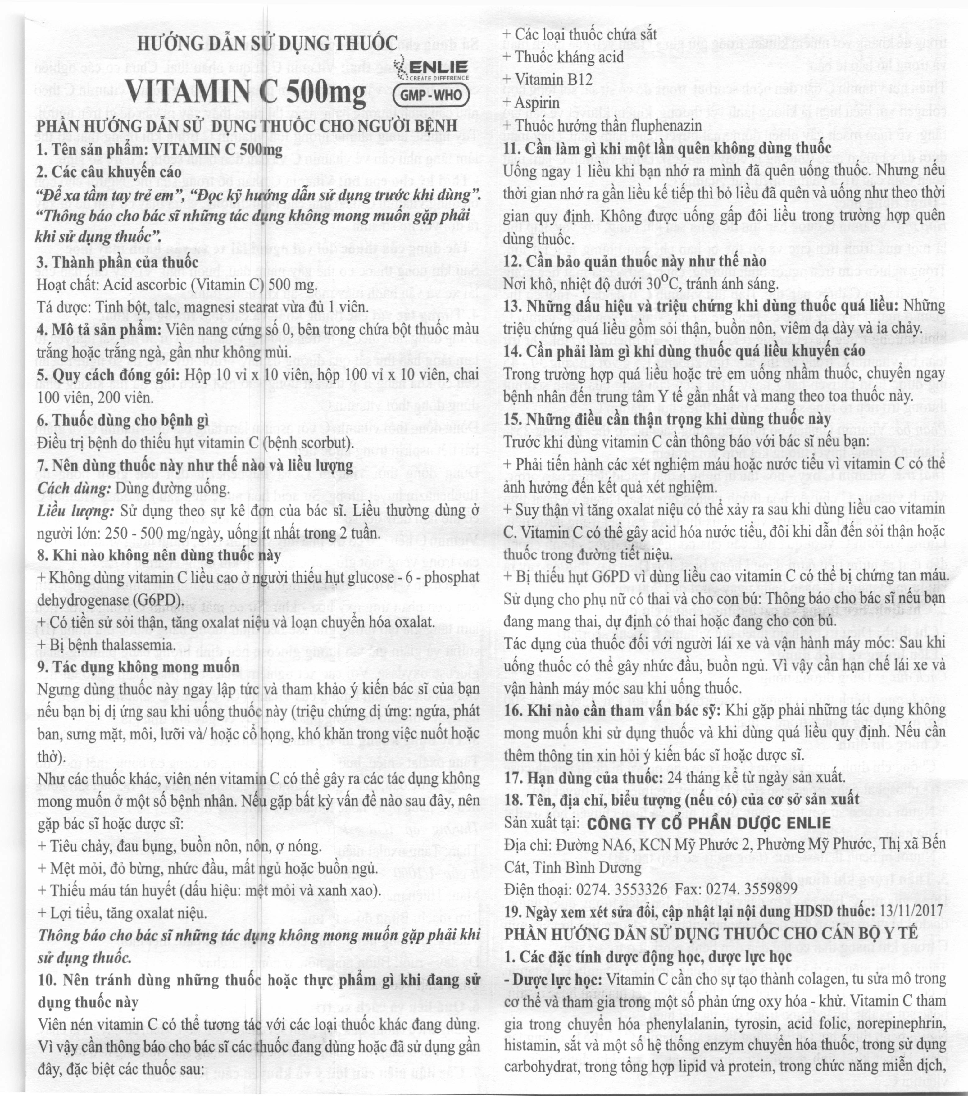 Vitamin C Enlie 500mg trị bệnh do thiếu hụt vitamin C (10 vỉ x 10 viên) - 5