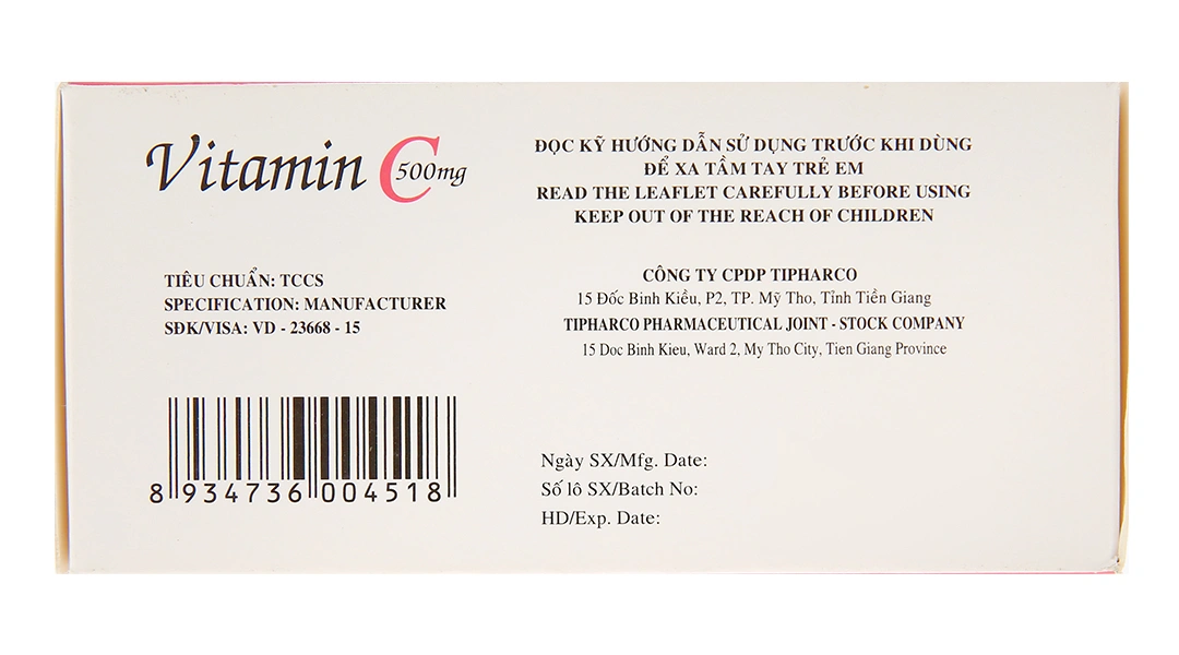 Vitamin C 500mg Tipharco phòng và trị thiếu vitamin C (10 vỉ x 10 viên) - 2