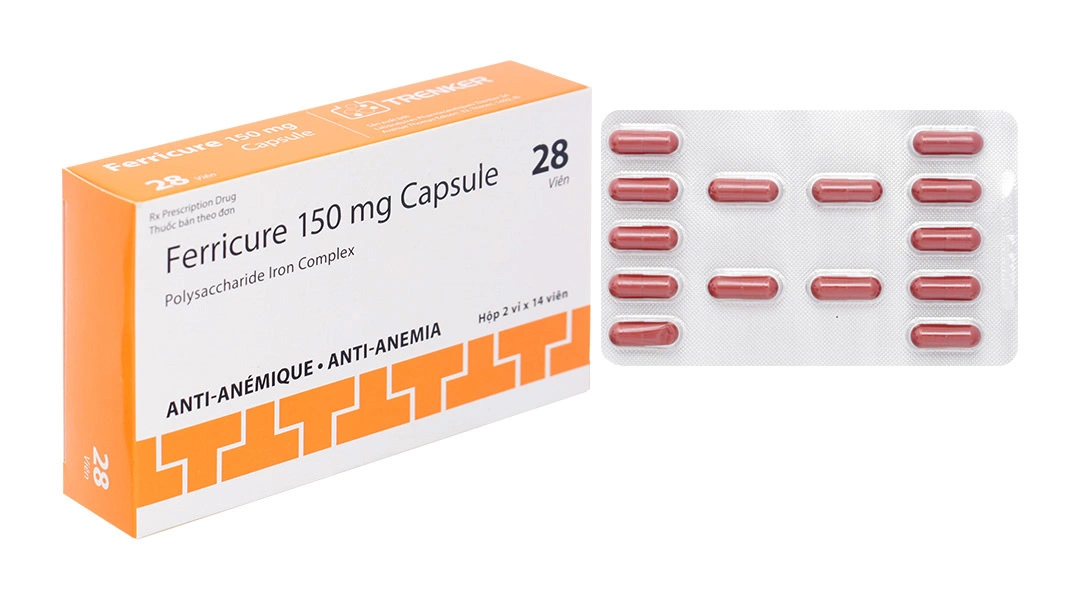 Ferricure 150mg Capsule trị tình trạng thiếu hụt sắt, thiếu máu do sắt (2 vỉ x 14 viên) - 