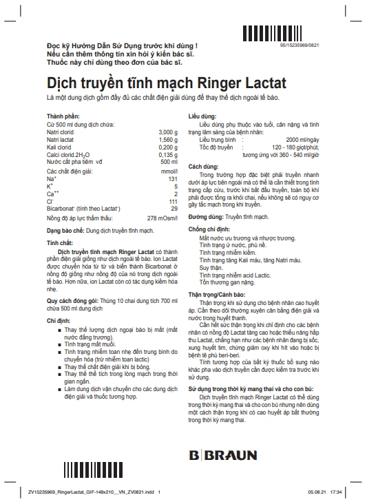 Dịch truyền Ringer Lactat B.Braun bổ sung nước, điện giải chai 500ml 08 ...