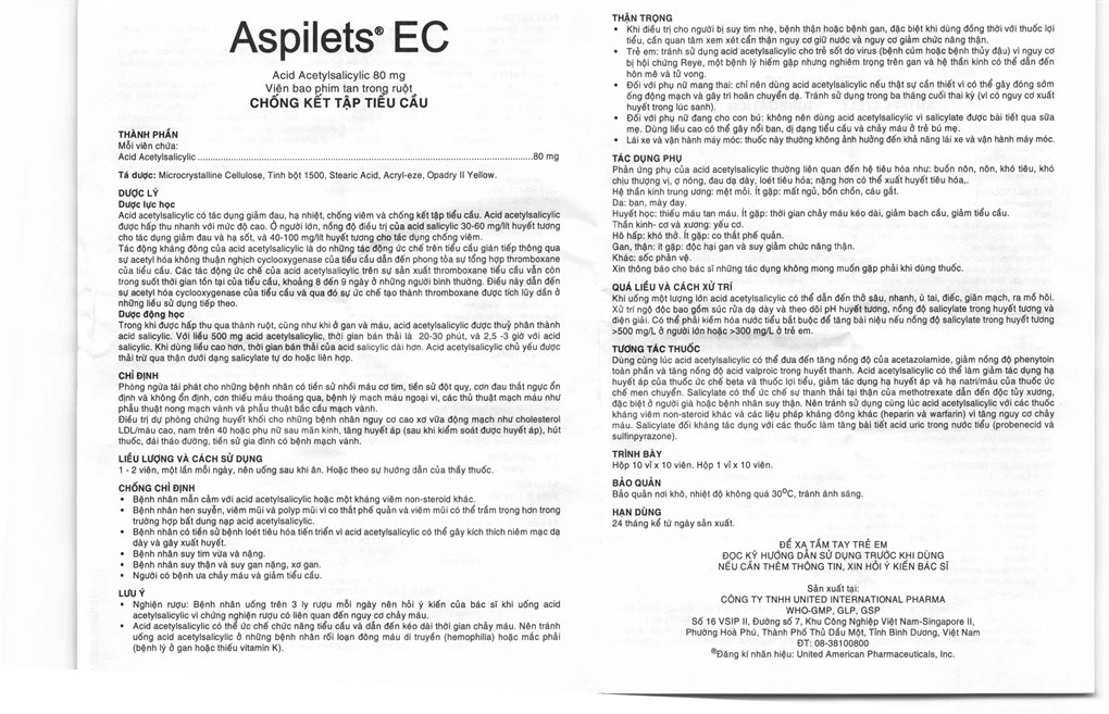 Aspilets EC 80mg phòng và trị huyết khối (10 vỉ x 10 viên) - 4