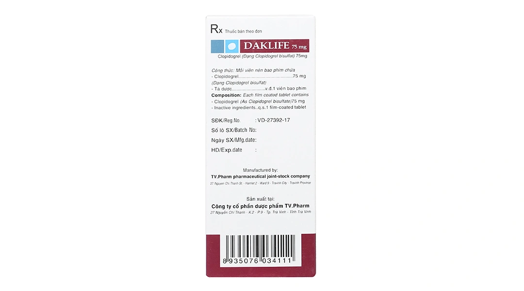 Daklife 75mg phòng và trị huyết khối (3 vỉ x 10 viên) - 2