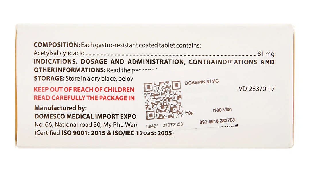 Doaspin 81mg phòng huyết khối tim mạch và não (10 vỉ x 10 viên) - 3