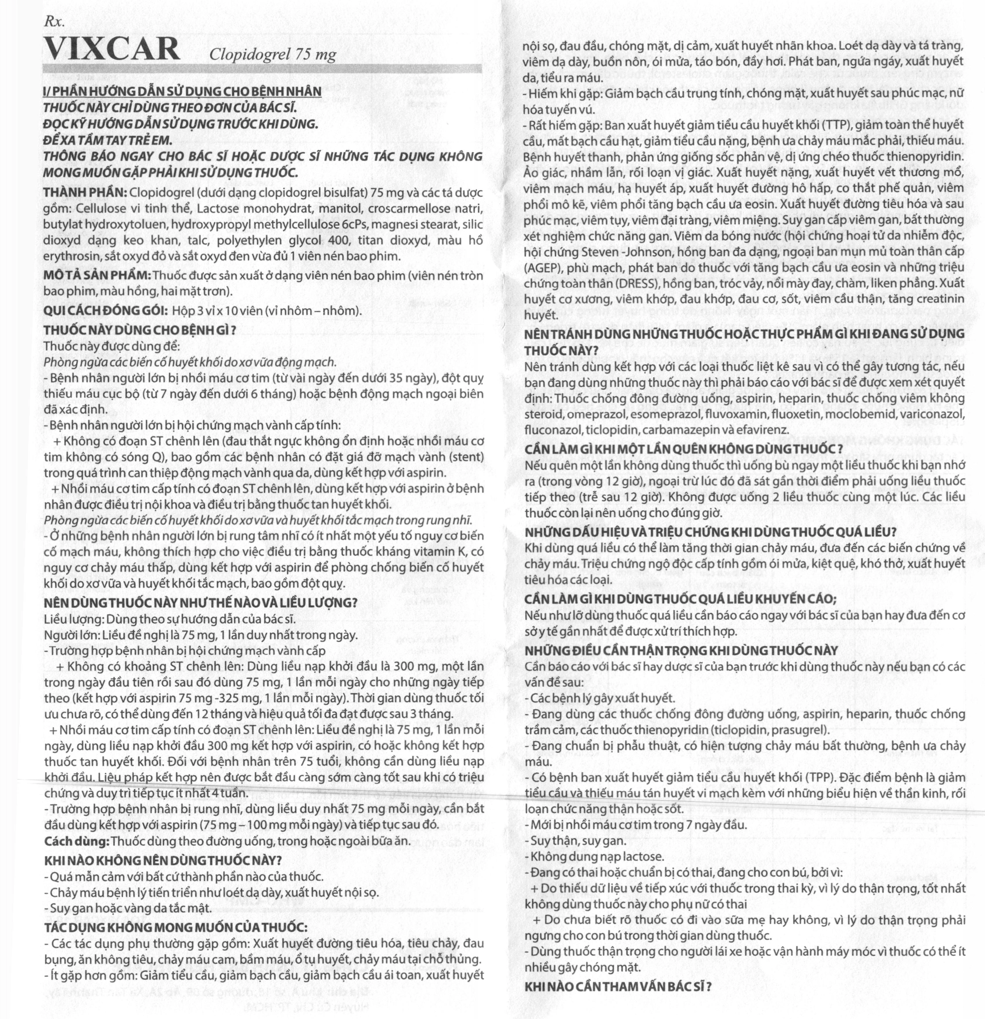 Vixcar 75mg phòng ngừa các biến cố huyết khối do xơ vữa (3 vỉ x 10 viên) - 5
