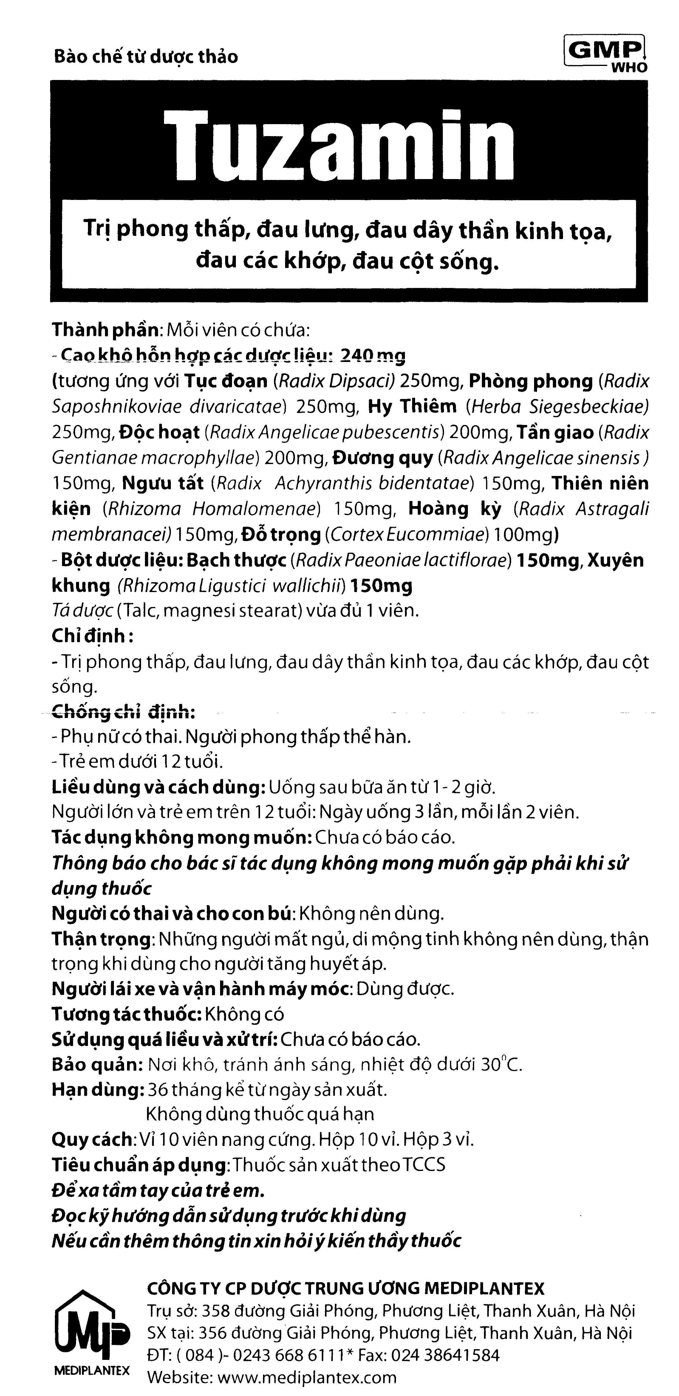 Tuzamin trị phong thấp, đau lưng, đau dây thần kinh tọa (3 vỉ x 10 viên) - 5