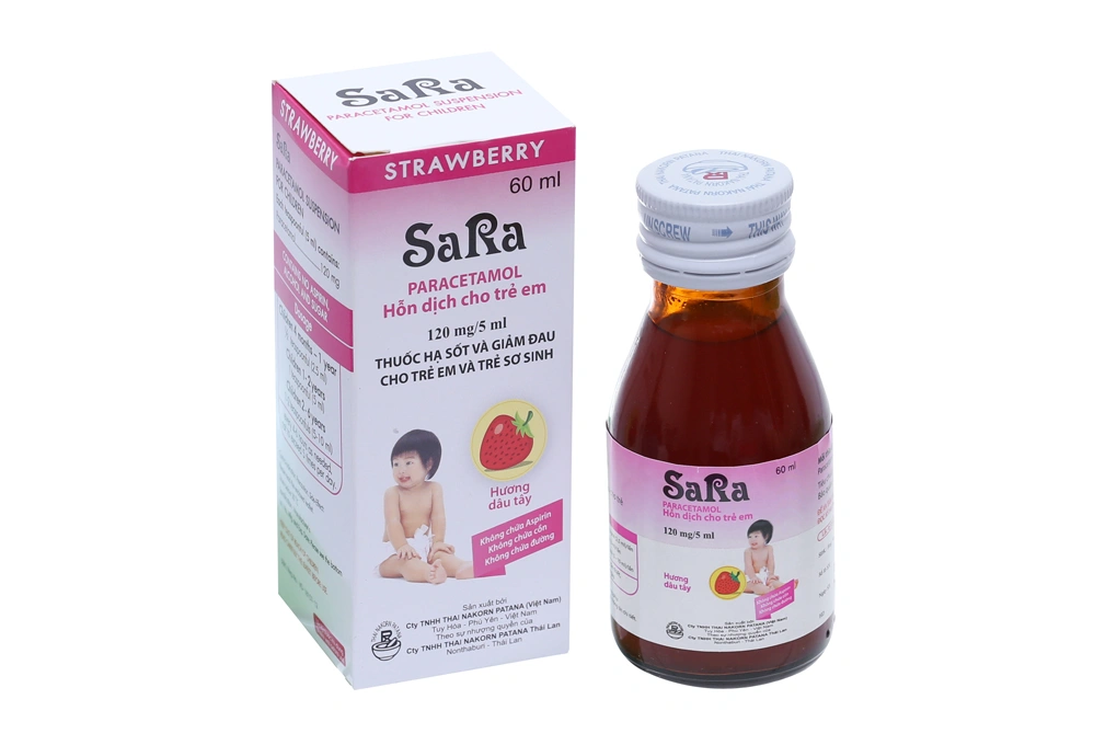Hỗn dịch uống Sara hương dâu 120mg/5ml giảm đau, hạ sốt cho trẻ em chai 60ml - 
