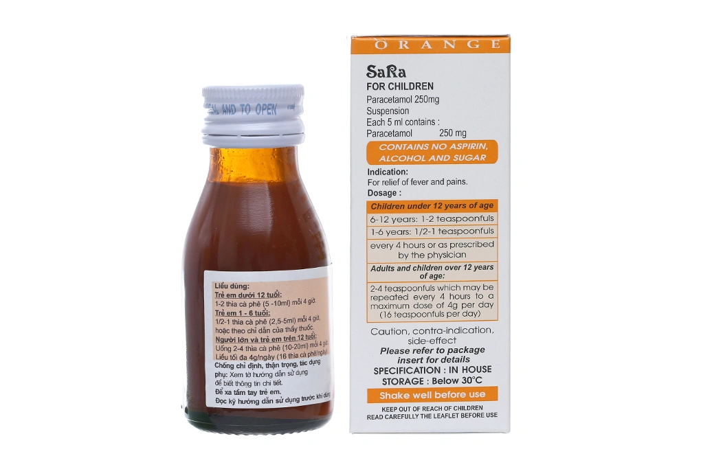 Hỗn dịch uống Sara hương cam 250mg/5ml giảm đau, hạ sốt chai 60ml - 3