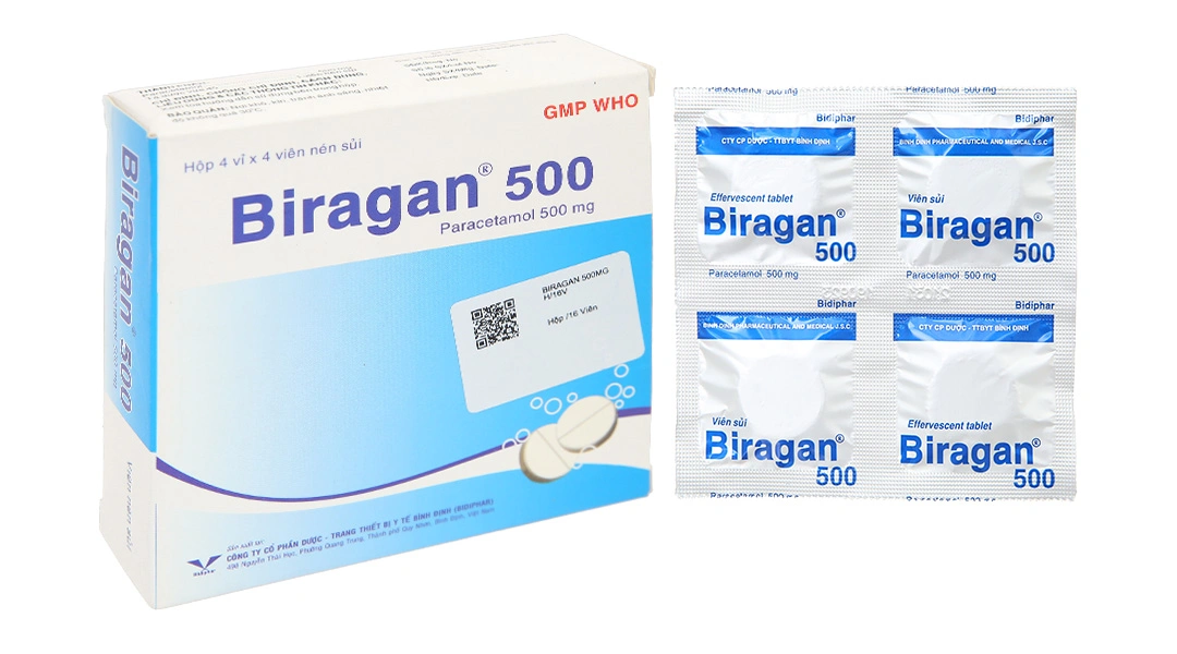 Viên sủi Biragan 500 giảm đau, hạ sốt (4 vỉ x 4 viên) - 