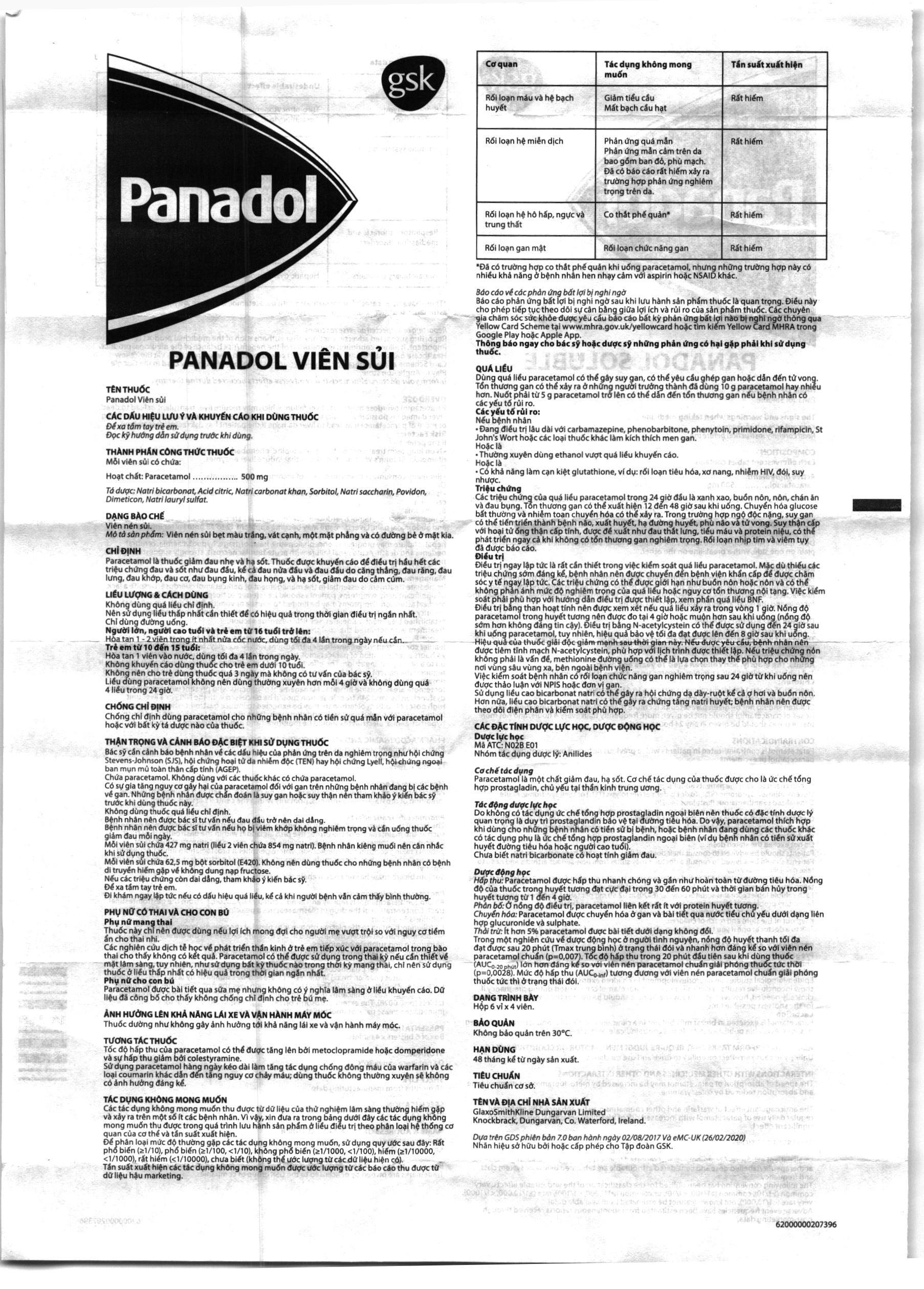Viên sủi Panadol 500mg giảm đau, hạ sốt (6 vỉ x 4 viên) - 4