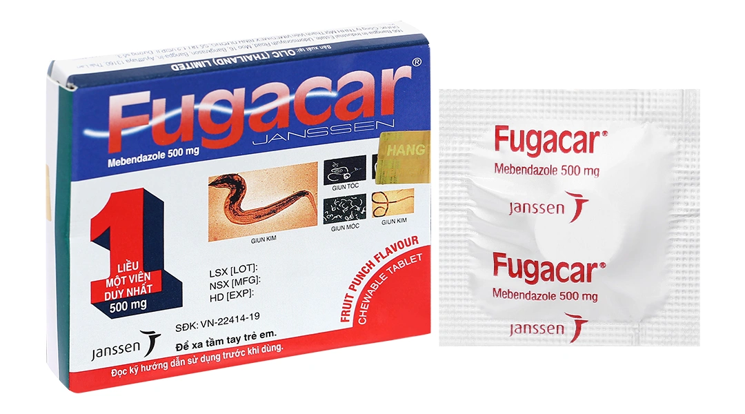 Viên nhai Fugacar vị trái cây 500mg trị giun đường tiêu hóa (1 vỉ x 1 viên) - 