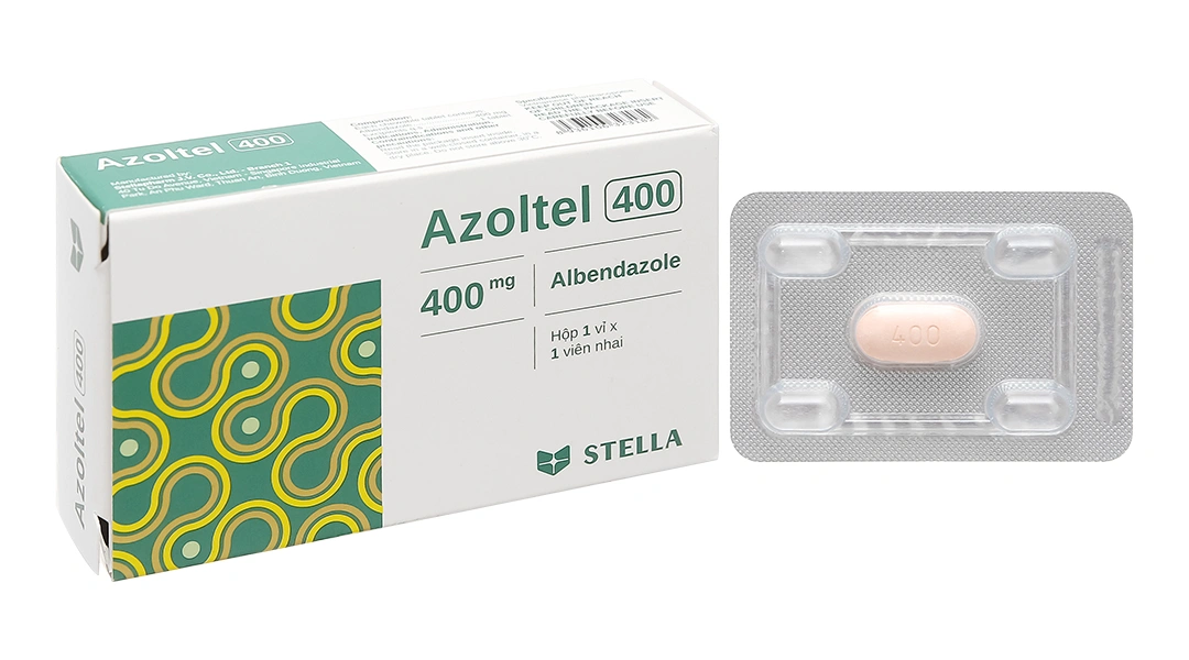 Viên nhai Azoltel 400 trị ấu trùng sán lợn, nang sán chó (1 vỉ x 1 viên) - 