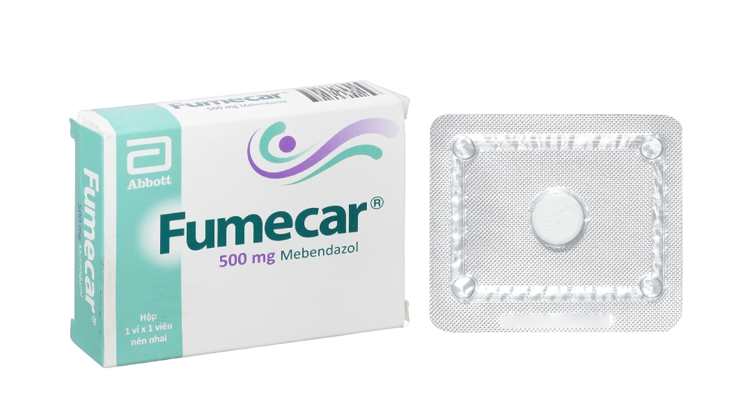 Viên nhai Fumecar 500mg trị giun kim, giun tóc, giun đũa, giun móc (1 vỉ x 1 viên) - 