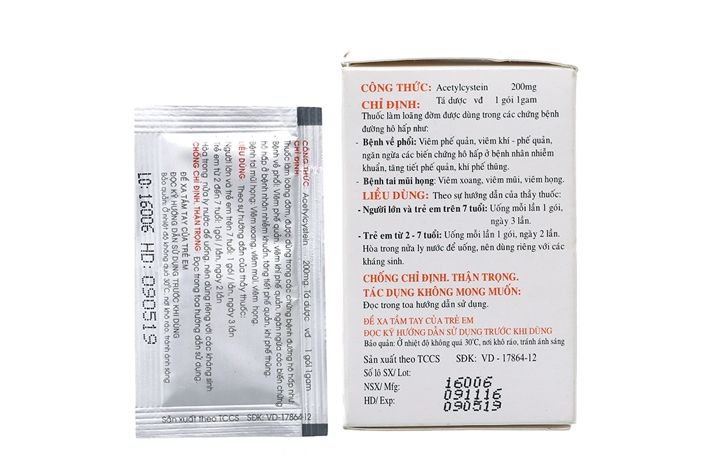 Thuốc bột Acetylcystein Nadyphar 200mg tan đàm trong bệnh lý hô hấp (30 gói x 1g) - 1