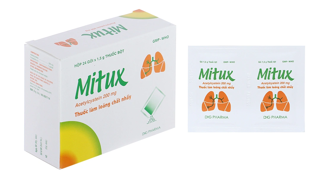 Thuốc bột Mitux 200mg làm tan đàm trong bệnh lý hô hấp (24 gói x 1.5g) - 
