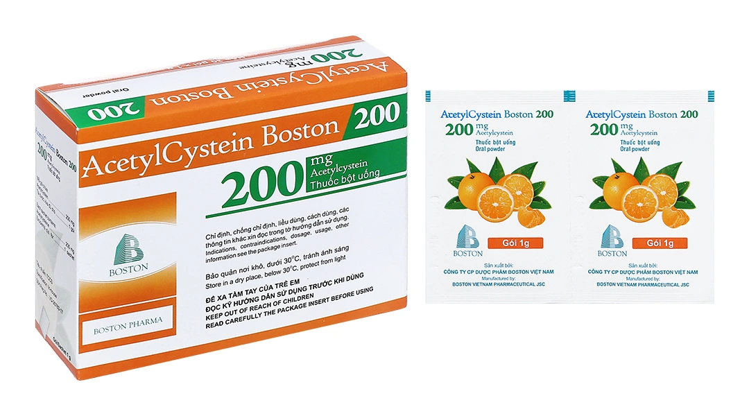 Thuốc bột Acetylcystein Boston 200 trị rối loạn tiết dịch phế quản (30 gói x 1g) - 