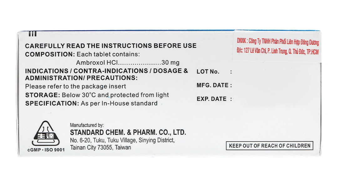 Ambroxol HCl Tablets 30mg long đờm, tiêu nhầy, trị bệnh đường hô hấp (10 vỉ x 10 viên) - 3