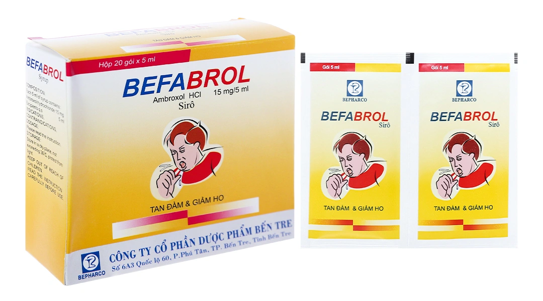 Siro Befabrol 15mg/5ml tan đàm trong bệnh lý hô hấp (20 gói x 5ml) - 