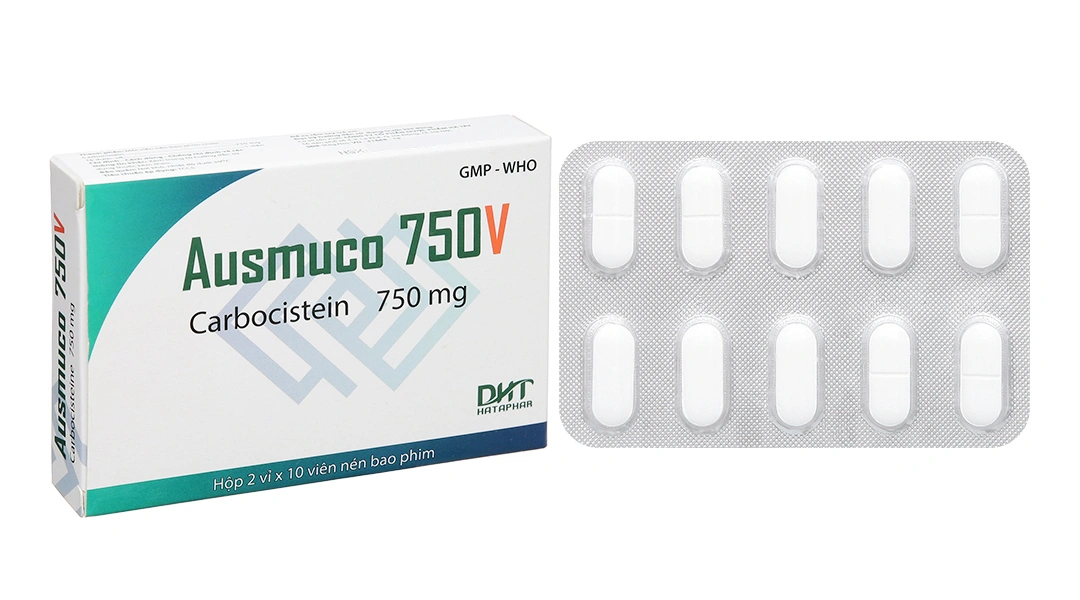 Ausmuco 750V trị hỗ trợ trong bệnh lý hô hấp có tăng tiết nhầy (2 vỉ x 10 viên) - 