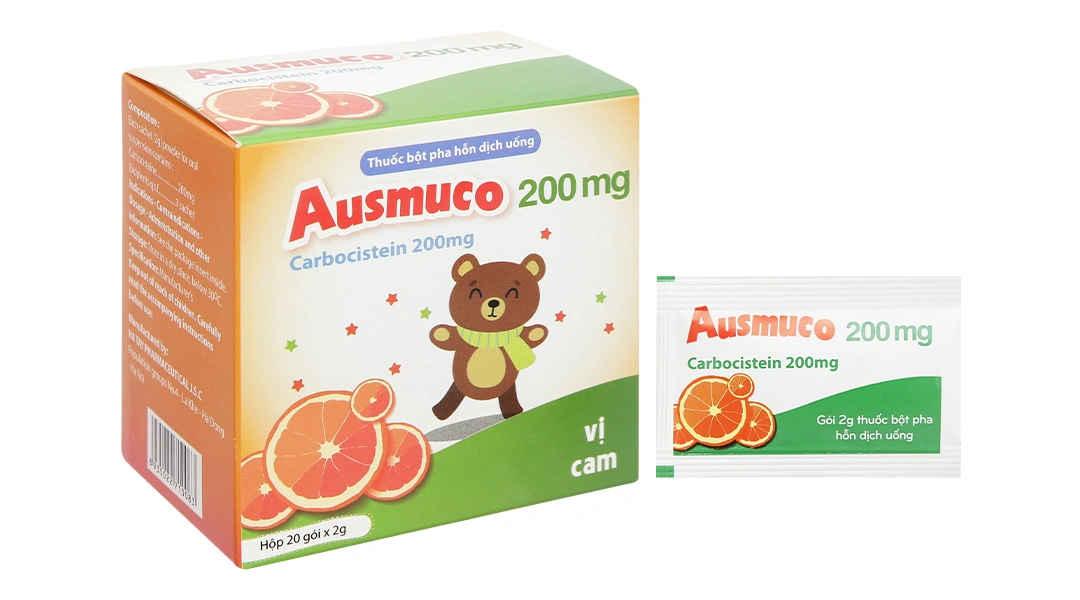 Bột pha hỗn dịch uống Ausmuco 200mg loãng đờm, tiêu chất nhày (20 gói x 2g) - 