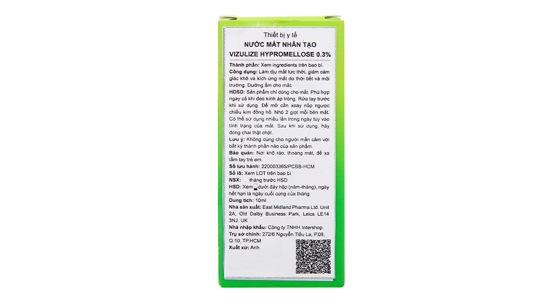 Nước mắt nhân tạo Vizulize Hypromellose 0.3% giảm cảm giác khô, kích ứng mắt chai 10ml - 1