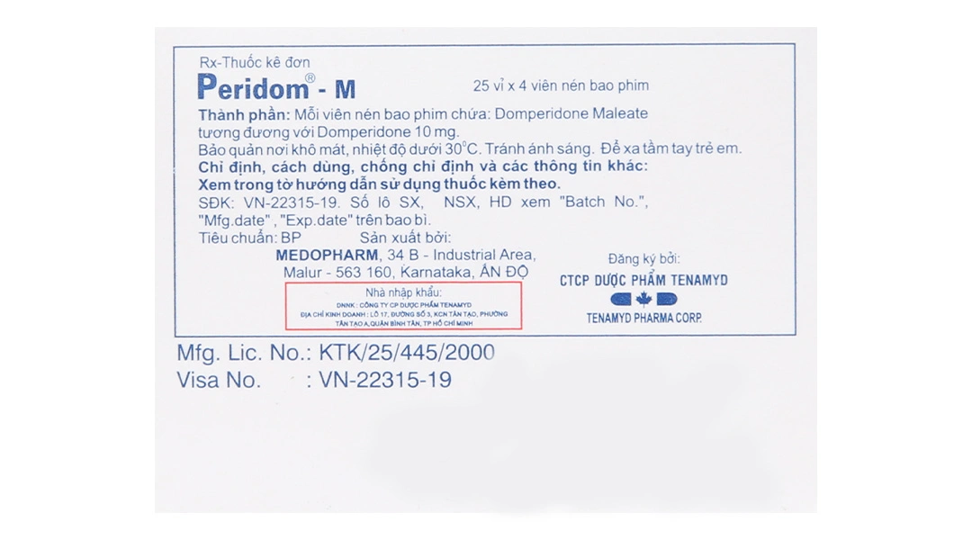 Peridom - M 10mg trị chứng nôn và buồn nôn (25 vỉ x 4 viên) - 2