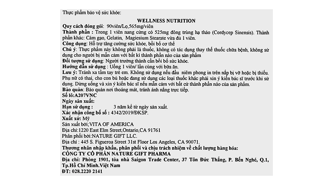 Thực phẩm bảo vệ sức khỏe Nature Gift Wellness Nutrion Cordyceps hộp 90 viên - 4