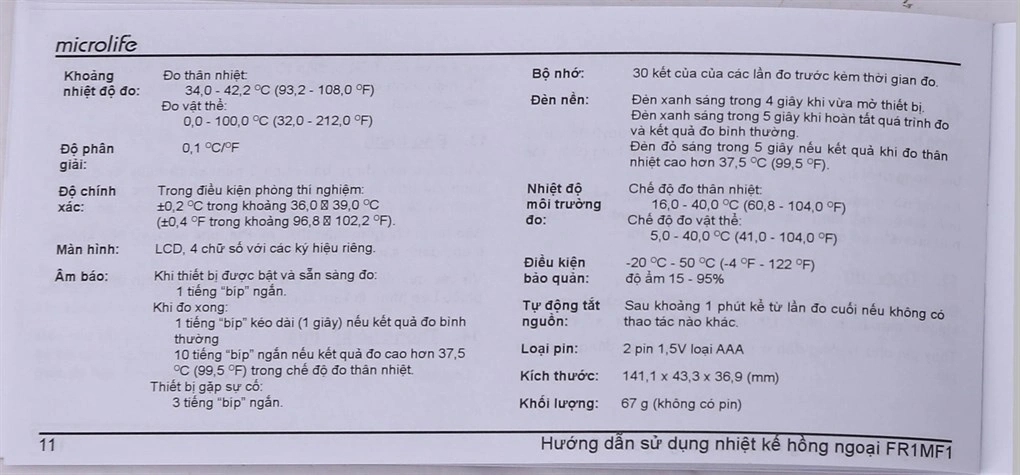 Nhiệt kế hồng ngoại đo trán Microlife FR1MF1 - 20