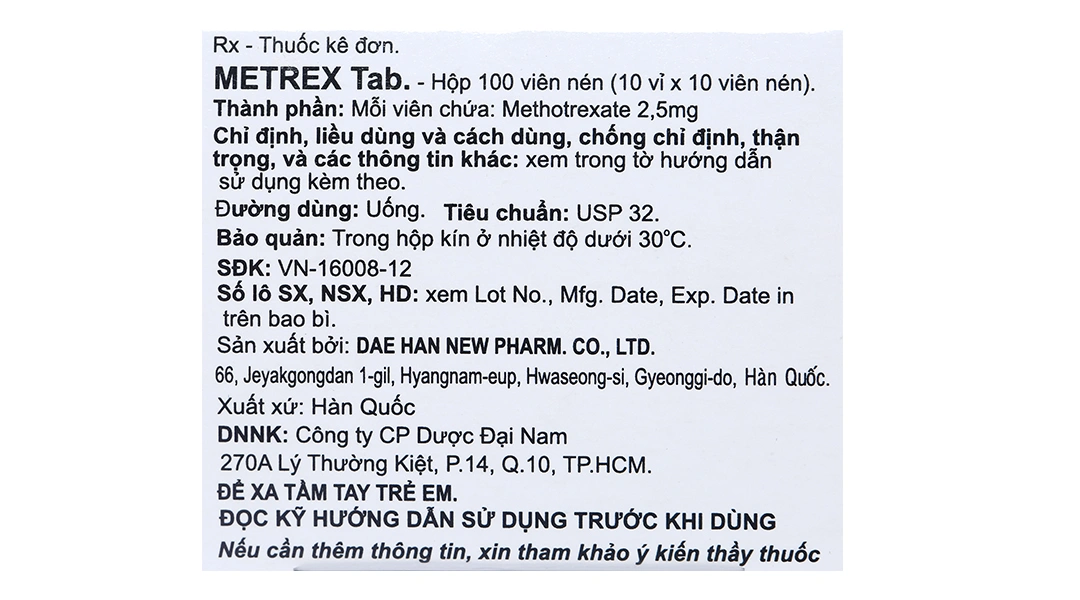 Metrex Tab 2.5mg điều trị khối u, vảy nến, viêm khớp dạng thấp (10 vỉ x 10 viên) - 8