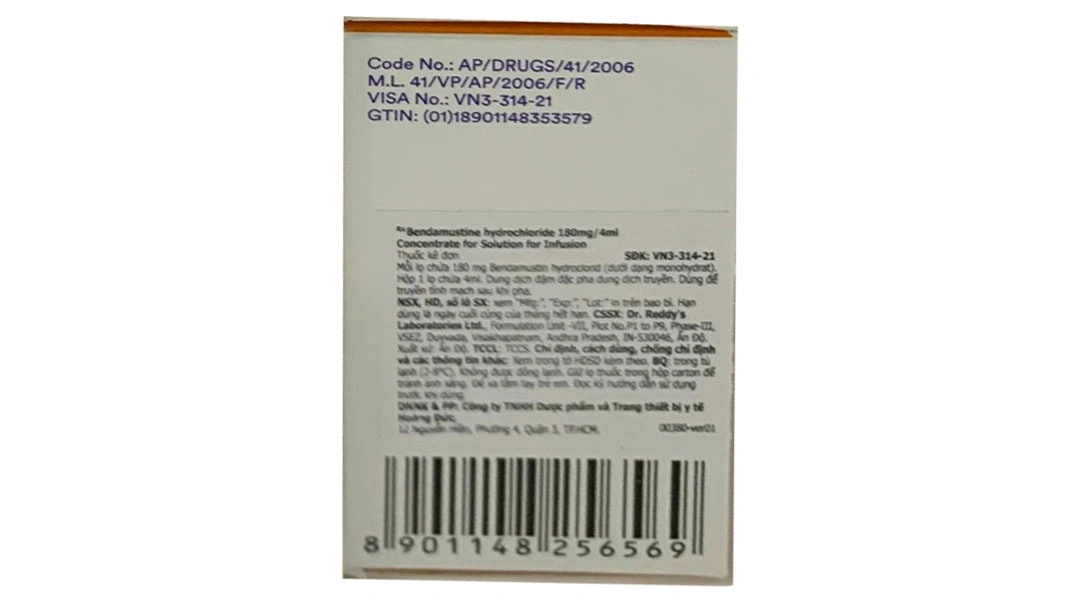 Dung dịch Bendamustine Hydrochloride 180mg/4ml chỉ định điều trị ung thư chai 4ml - 2