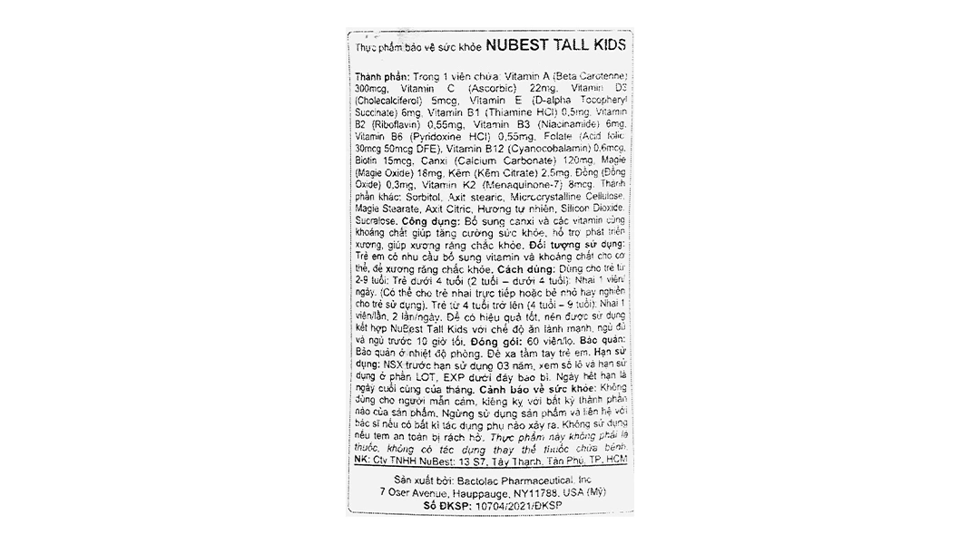 Nubest Tall Kids bổ sung canxi, hỗ trợ phát triển xương chắc khỏe hộp 60 viên - 10