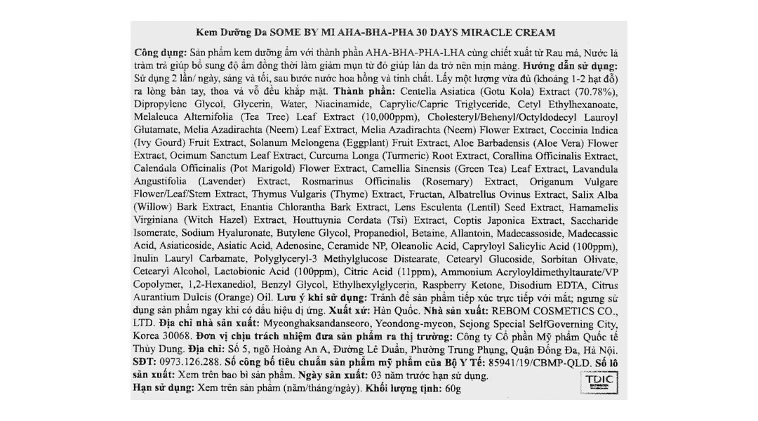 Kem dưỡng da Some By Mi AHA-BHA-PHA 30 Days Miracle Cream giúp giảm mụn hũ 60g - 4