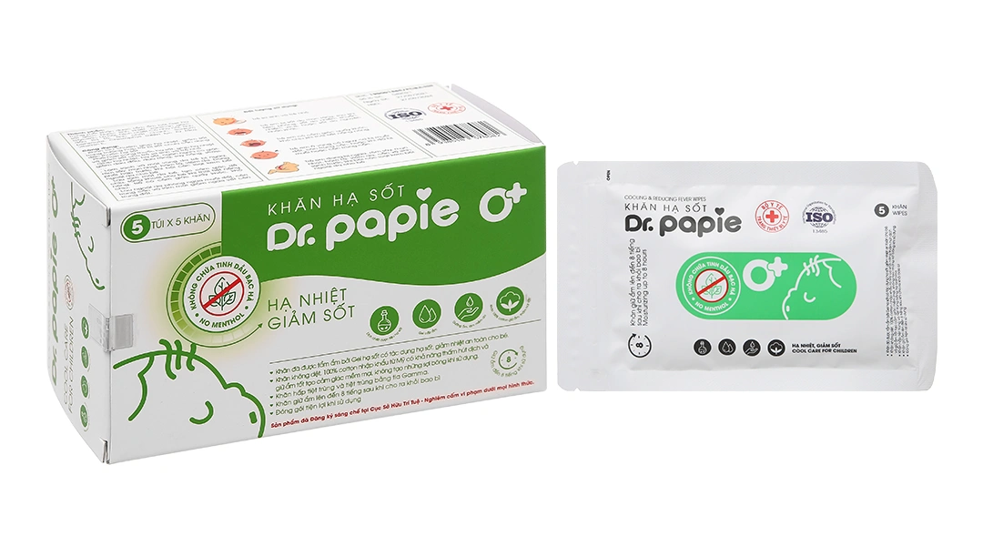 Khăn hạ sốt Dr.Papie 0+ giúp hạ nhiệt, giảm sốt cho bé (5 gói x 5 miếng) - 