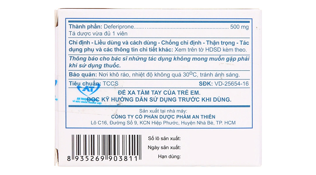 Deferiprone A.T 500mg trị quá tải sắt ở bệnh nhân Thalassemia (3 vỉ x 10 viên) - 3