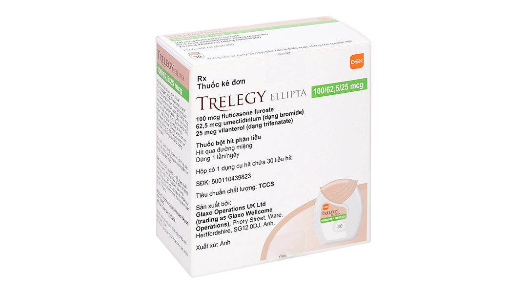 Bột hít phân liều Trelegy Ellipta 100/62,5/25 mcg giảm triệu chứng COPD lọ 30 liều hít - 