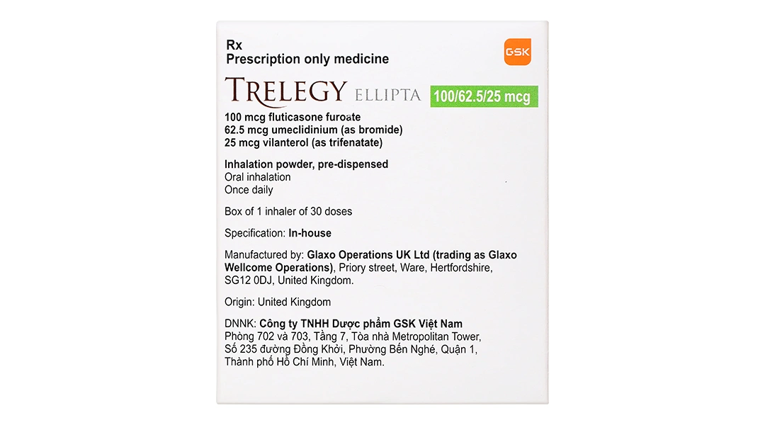 Bột hít phân liều Trelegy Ellipta 100/62,5/25 mcg giảm triệu chứng COPD lọ 30 liều hít - 1