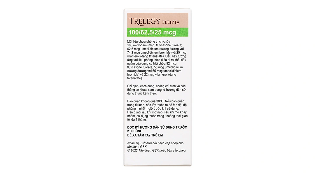 Bột hít phân liều Trelegy Ellipta 100/62,5/25 mcg giảm triệu chứng COPD lọ 30 liều hít - 2